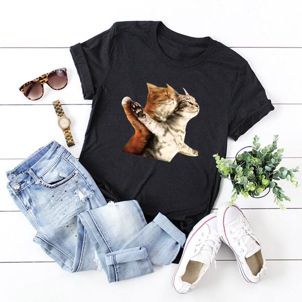 

Cat Print Short Sleeve Tee, Black