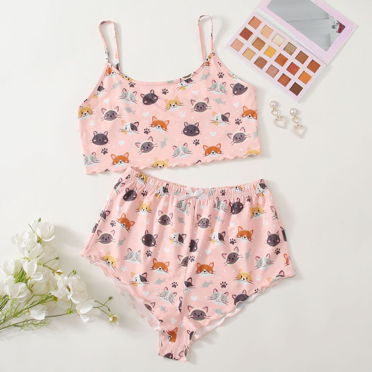 

Cartoon Graphic Lettuce Trim Cami PJ Set, Baby pink