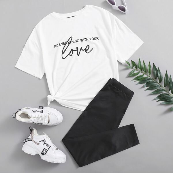 

Drop Shoulder Slogan Graphic Top & Leggings Set, Black and white