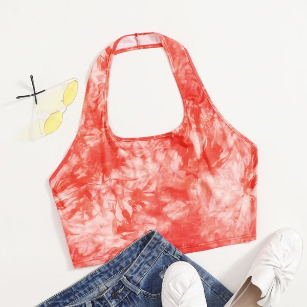 

Plus Tie Dye Halter Top, Coral orange