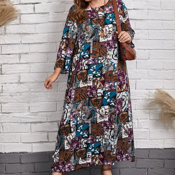 

Plus Patchwork Print Tunic Dress, Multicolor