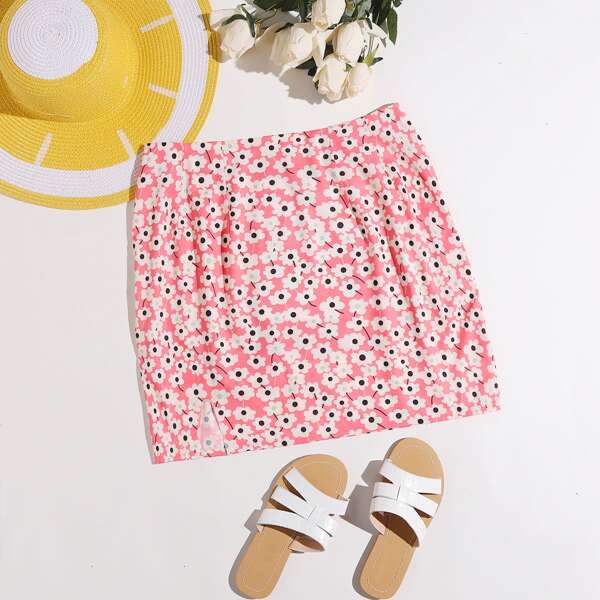 

Plus Allover Floral Slit Hem Skirt, Coral pink