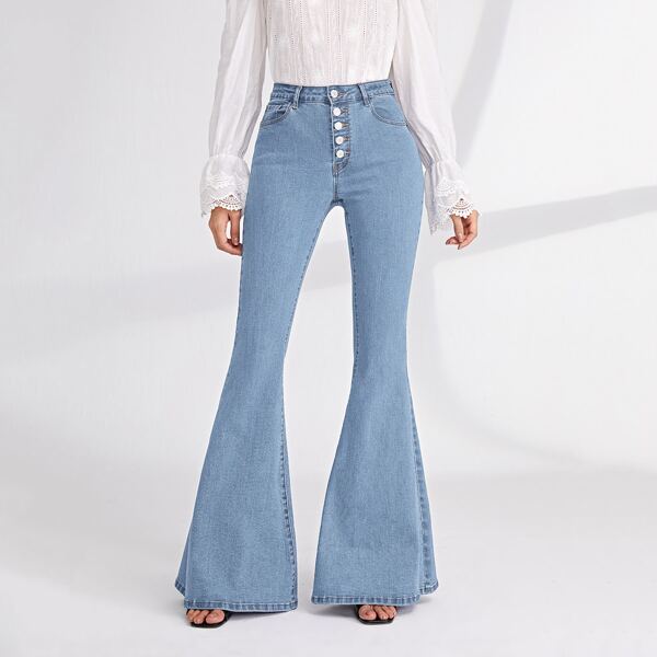 

Button Fly Flare Leg Jeans, Light wash