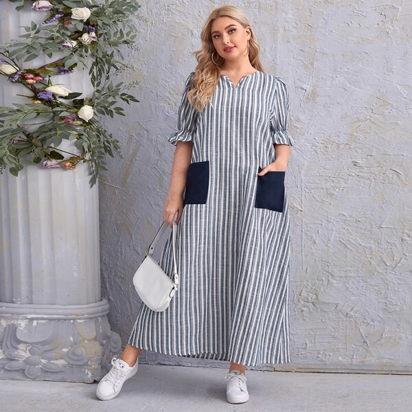 

Plus Flounce Sleeve Pocket Front Striped Dress, Blue and white
