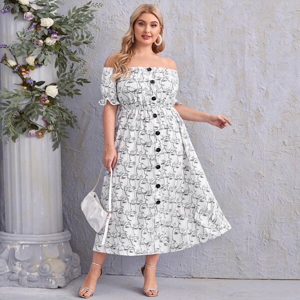 

Plus Off Shoulder Figure Print Dress, White