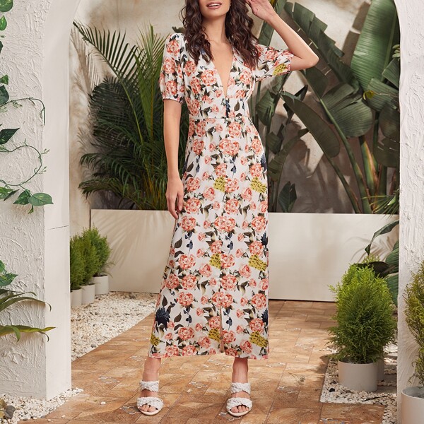 

Plunging Single Breasted Allover Floral Print Dress, Multicolor