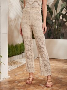 High Waist Crochet Trousers - Apricot - View 1