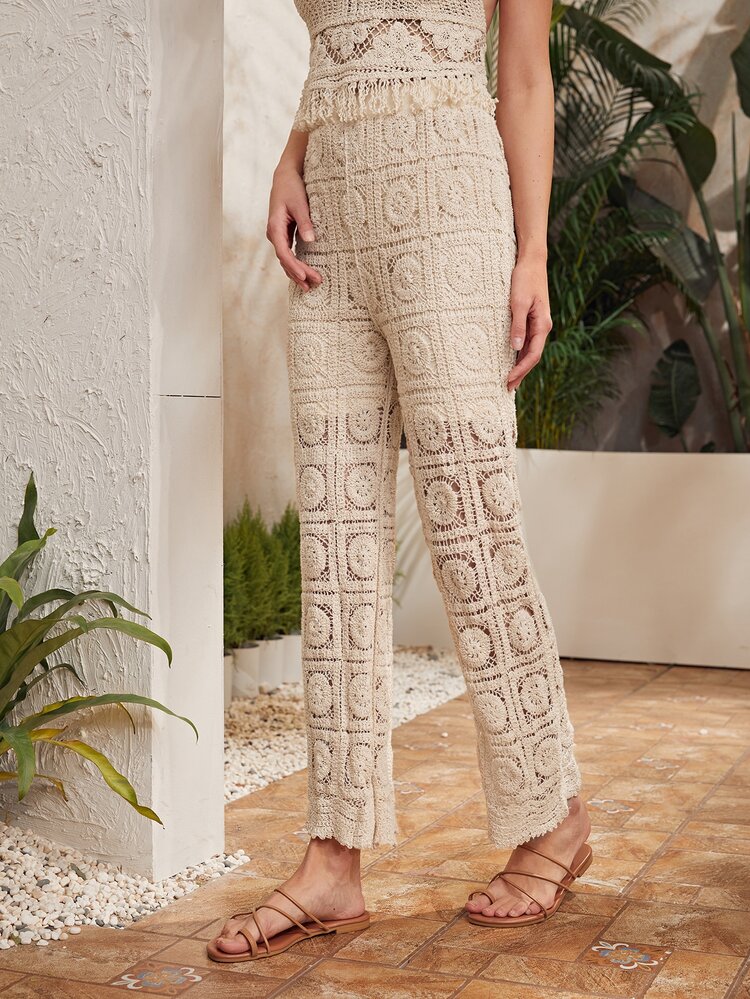 High Waist Crochet Trousers - Apricot - View 5