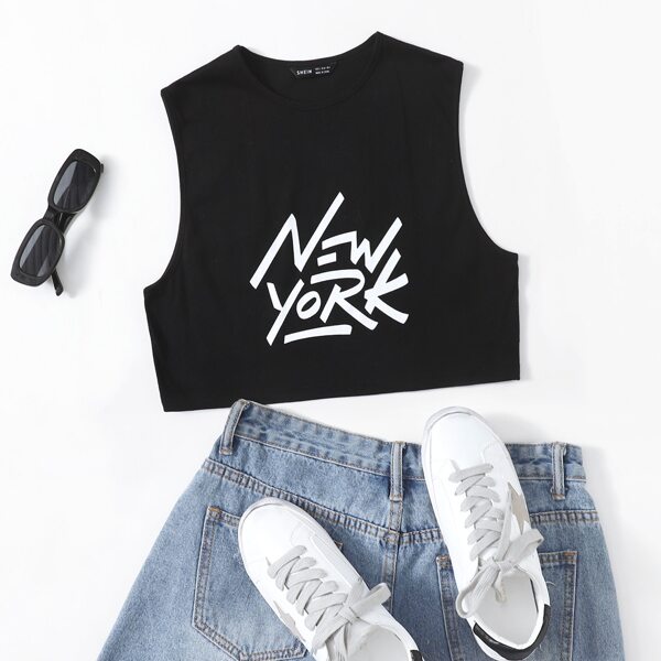 

Letter Graphic Crop Tank Top, Black