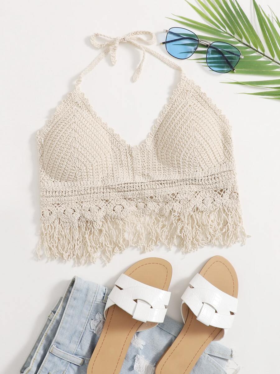 Áo bikini hở lưng buộc dây tua rua viền ren, dành cho kỳ nghỉ hè ở bãi biển - Màu be - Xem 1