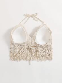 Áo bikini hở lưng buộc dây tua rua viền ren, dành cho kỳ nghỉ hè ở bãi biển - Màu be - Xem 2