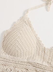 Áo bikini hở lưng buộc dây tua rua viền ren, dành cho kỳ nghỉ hè ở bãi biển - Màu be - Xem 4