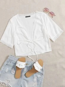 繫帶蕾絲邊上衣 - 白色 - 查看 1