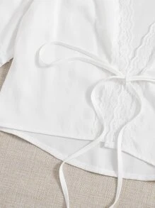 繫帶蕾絲邊上衣 - 白色 - 查看 4