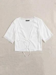 繫帶蕾絲邊上衣 - 白色 - 查看 5