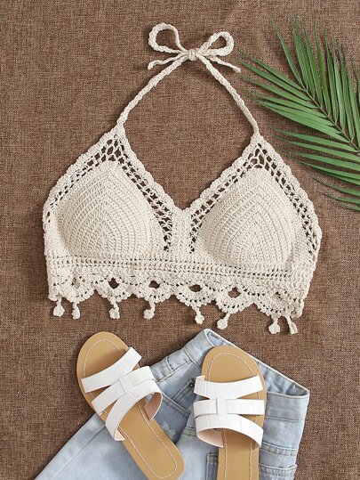Trelyra 繞頸領鉤織比基尼泳裝上衣