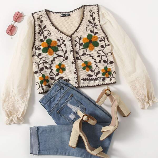 

Floral Embroidery Button Front Blouse, Khaki