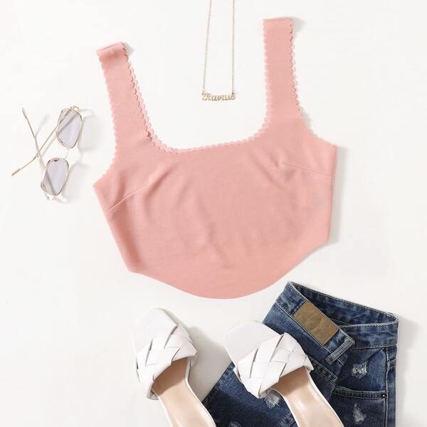 

Scallop Trim Crop Tank Top, Coral pink