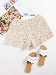 Crochet Cover Up Shorts, For Summer Beach Vacation - Beige - View 1
