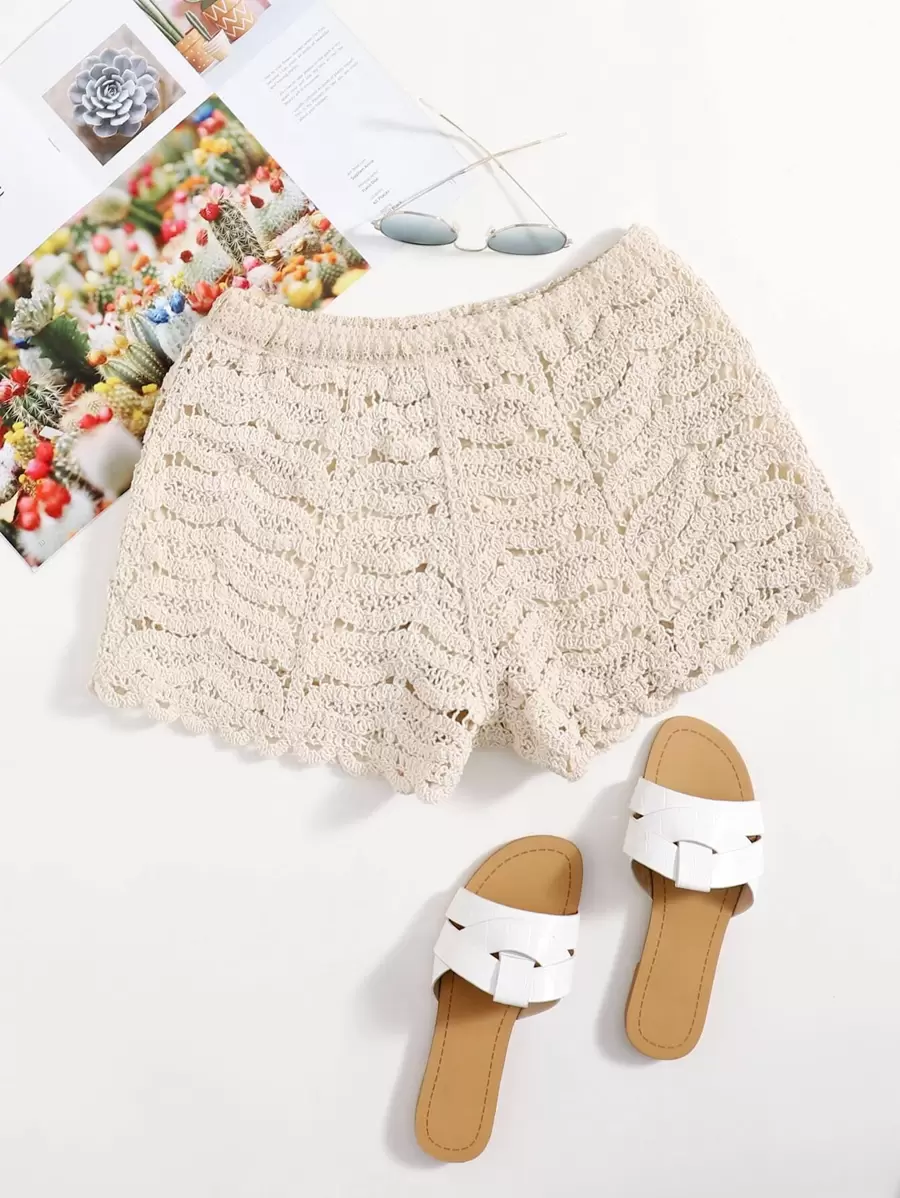 Crochet Cover Up Shorts, For Summer Beach Vacation - Beige - View 1