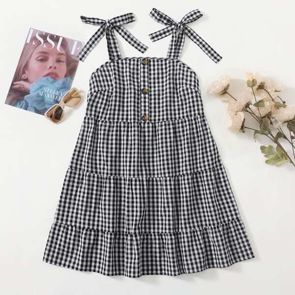 

Plus Gingham Tie Shoulder Cami Dress, Black and white
