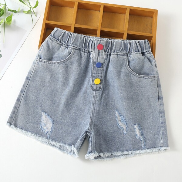 

Girls Raw Hem Ripped Denim Shorts, Light wash