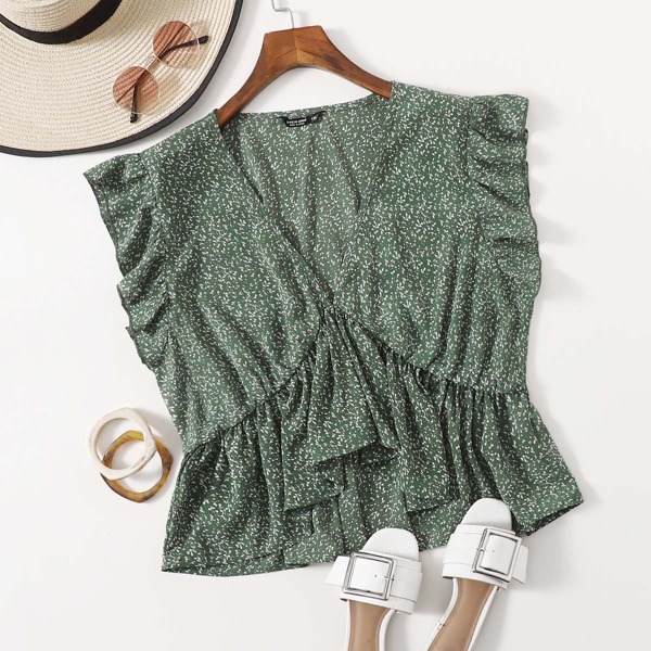 

Plus Allover Print Ruffle Hem Blouse, Green