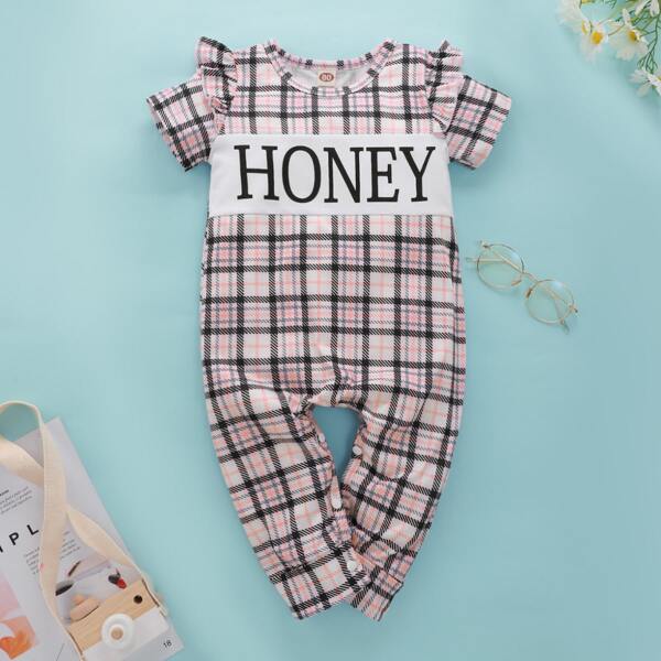 

Baby Girl Letter Graphic Plaid Tee Jumpsuit, Multicolor