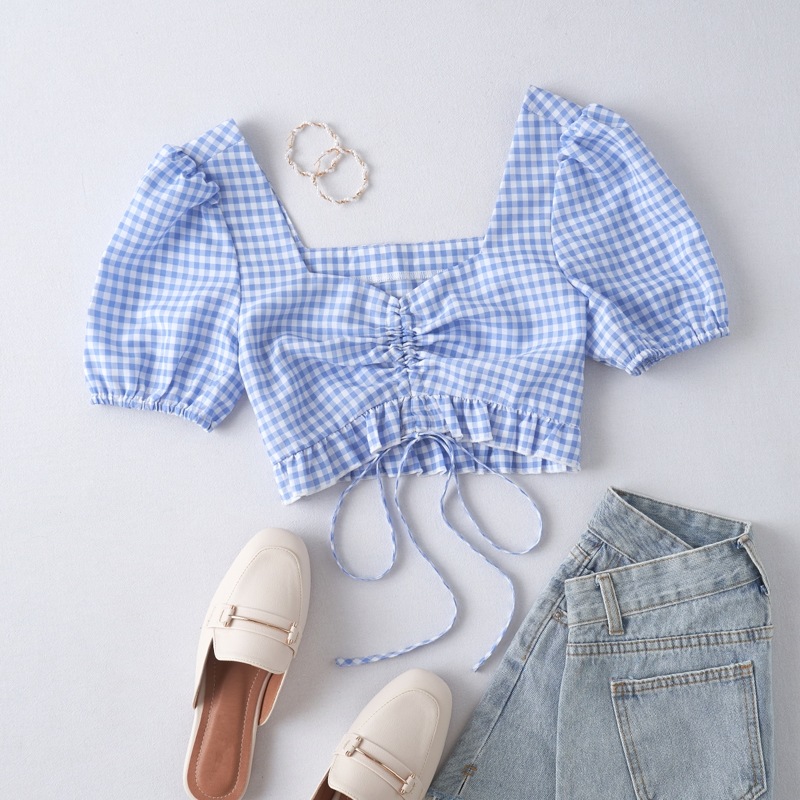 

Drawstring Gingham Crop Top, Blue and white