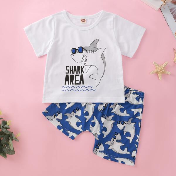 

Baby Boy Cartoon Shark Print Tee & Shorts, Blue and white