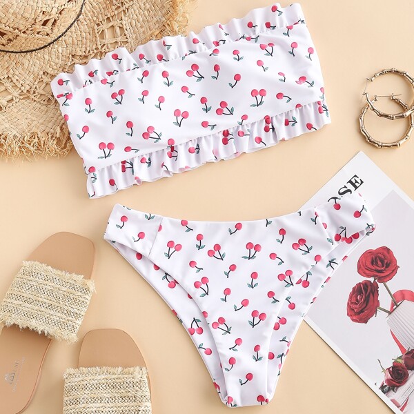 

Cherry Print Frill Bandeau Bikini Swimsuit, White