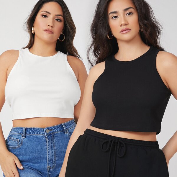 

Plus 2 Pack Crop Tank Top, Black and white