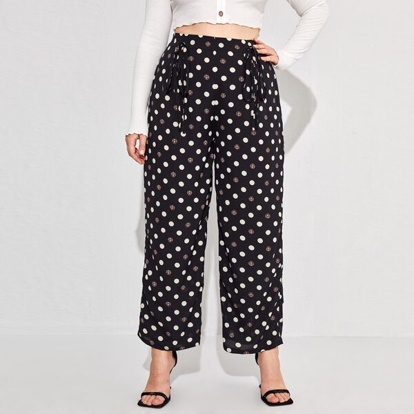 

Plus Polka Dot Knot Front Wide Leg Pants, Black