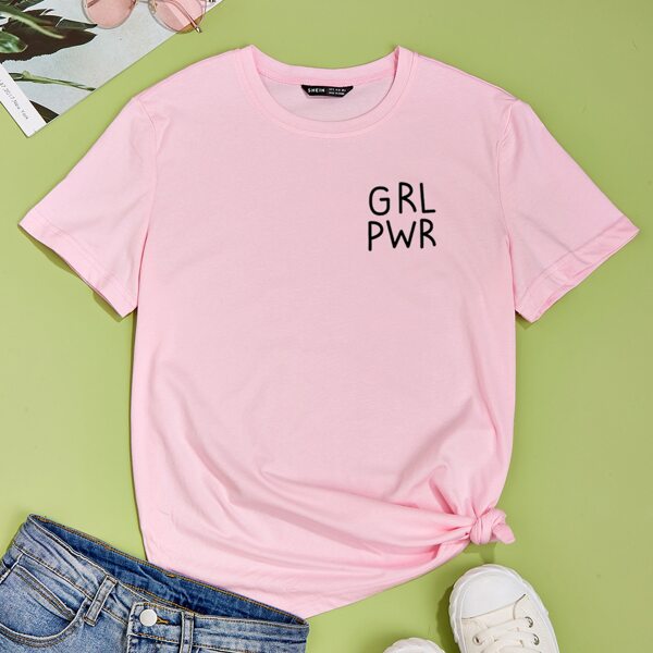 

Slogan Graphic Round Neck Tee, Baby pink