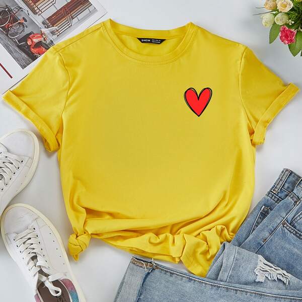 

Heart Print Short Sleeve Tee, Yellow