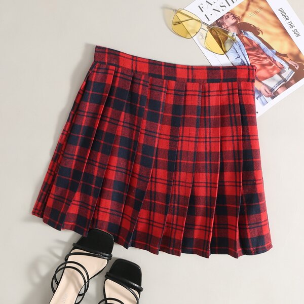 

Zip Side Tartan Pleated Skirt, Red