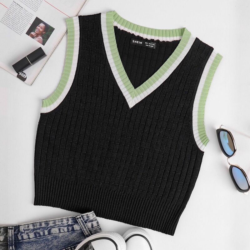 

Striped Trim Sweater Vest, Black