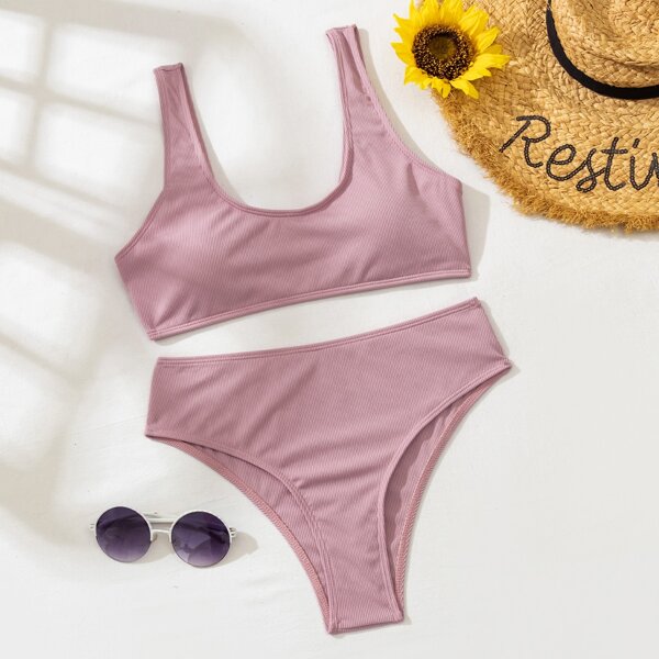 

Rib High Waisted Bikini Swimsuit, Dusty pink