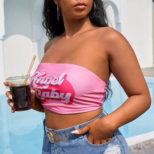 

Plus Letter Graphic Bandeau Bikini Top, Pink