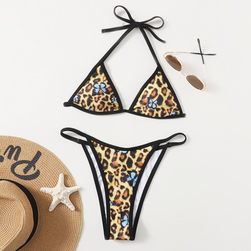 

Leopard & Butterfly Print Triangle Bikini Swimsuit, Multicolor