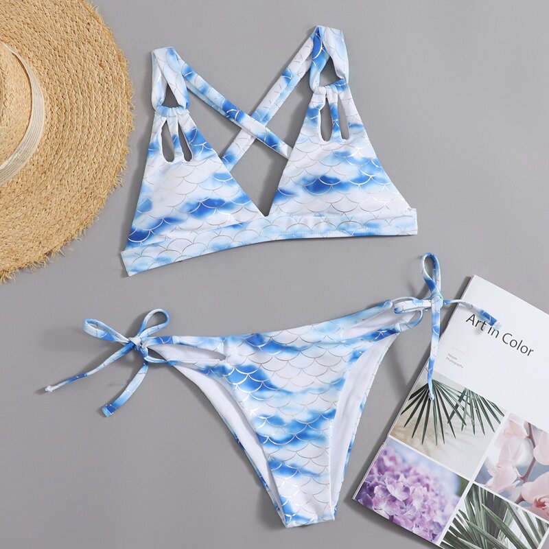 

Tie Dye Fish Scales Print Tie Side Bikini Swimsuit, Multicolor