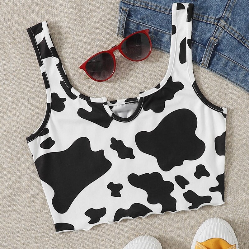 

Cow Print Crop Tank Top, Black and white