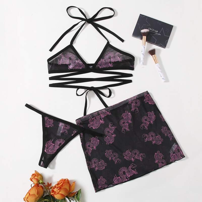 

3pack Chinese Dragon Cut Out Lingerie Set, Black