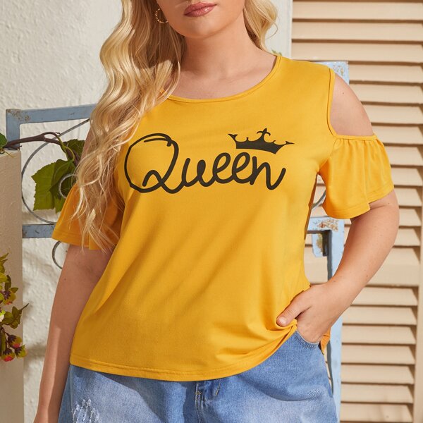 

Plus Crown & Letter Graphic Cold Shoulder Tee, Yellow