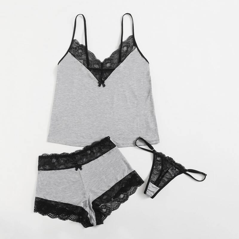 

3pack Contrast Lace Lingerie Set, Grey