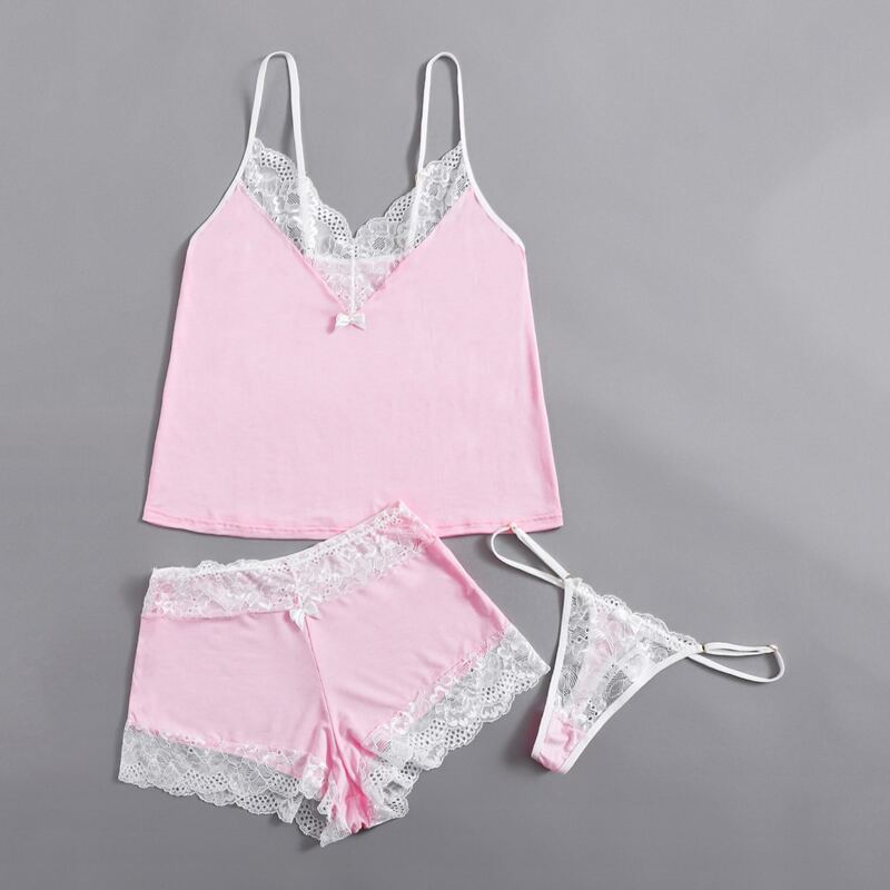 

3pack Contrast Lace Lingerie Set, Pink