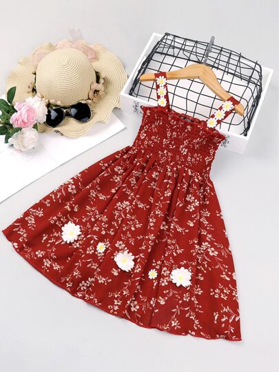 فستان كامي مدرز بطباعة أزهار مزين للبنات الصغار