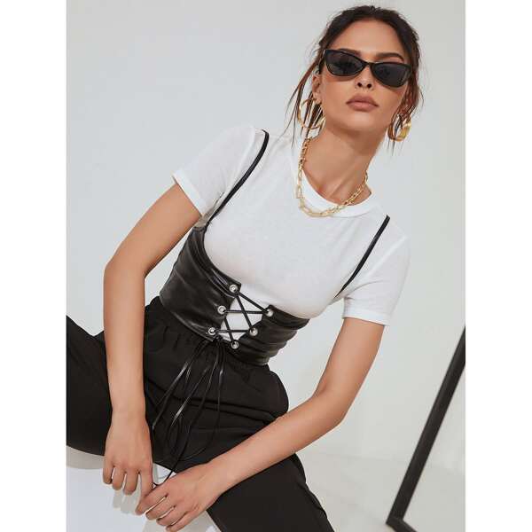

Crew Neck Tee With Corset, Black and white