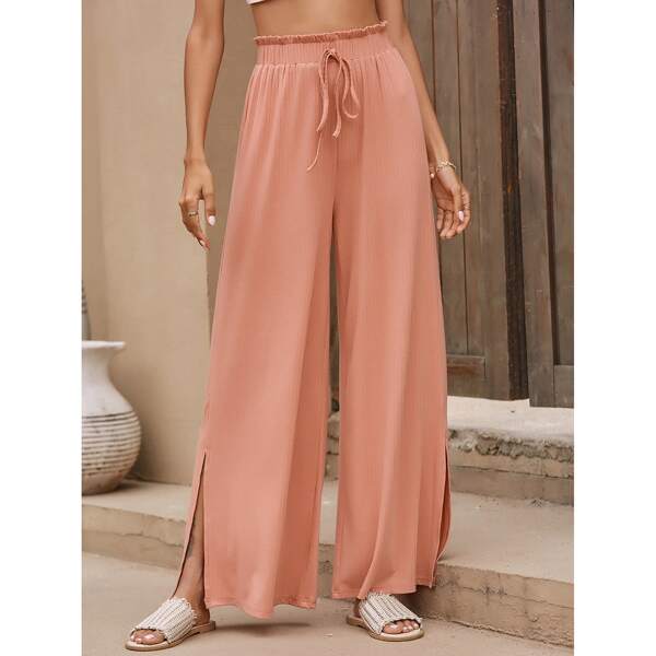 

Frill Waist Slit Hem Wide Leg Pants, Coral pink
