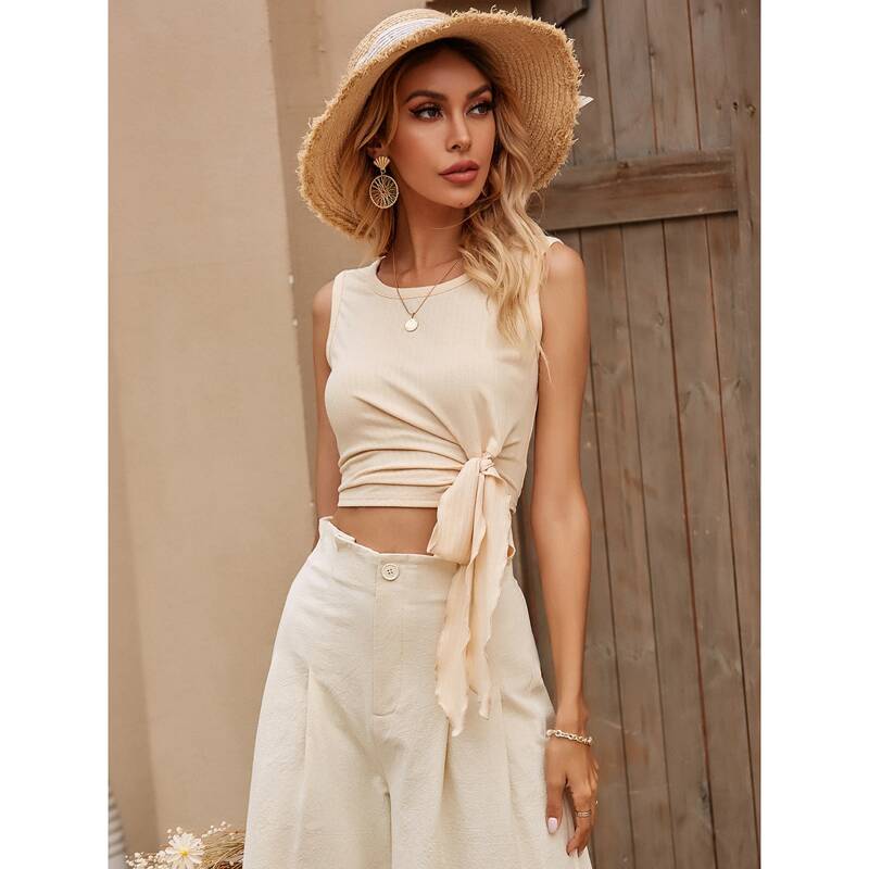 

Knot Front Crop Tank Top, Apricot
